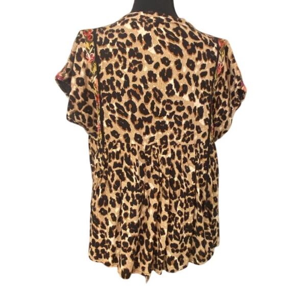 THML Embroidered Boho Top Small Leopard Print Mixed Pattern Tassel Blouse Artsy - Picture 2 of 11
